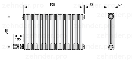 Схема (чертеж) Радиатор Zehnder Charleston 2050/13 №V003 Белый глянцевый RAL 9016